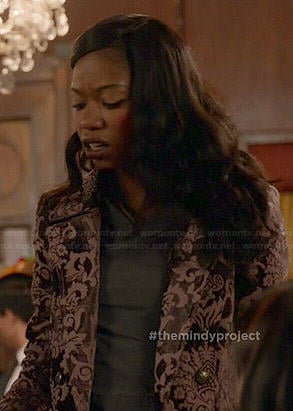 Tamra's purple damask print coat on The Mindy Project