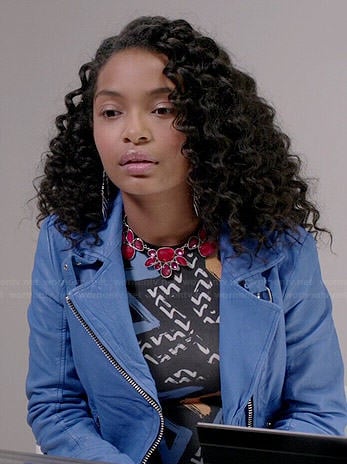 Zoey's graffiti print bodycon dress and blue leather jacket on Black-ish