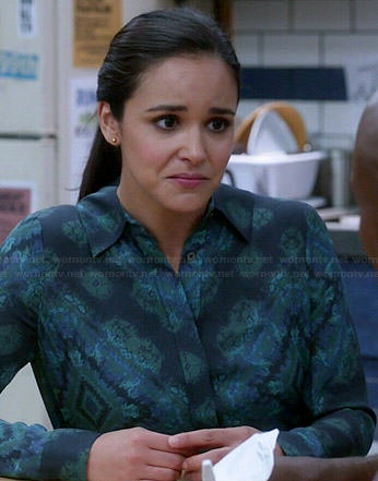 Amy's blue and green printed blouse on Brooklyn Nine-Nine
