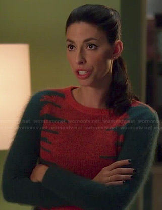 Amy's teal green and orange fluffy sweater on Manhattan Love Story
