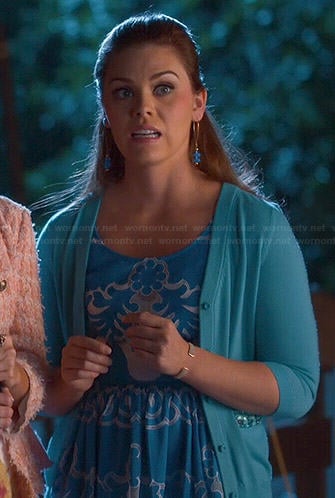 AnnaBeth's blue and white printed dress and bead embellished cardigan on Hart of Dixie
