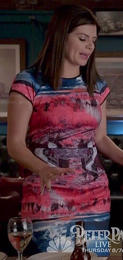 Annie's blue and pink scenery printed dress on Marry Me