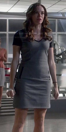 Caitlin's grey v-neck dress with leather sleeves on The Flash