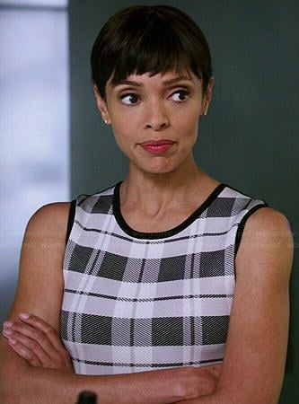 Camille’s black and white plaid front dress on Bones