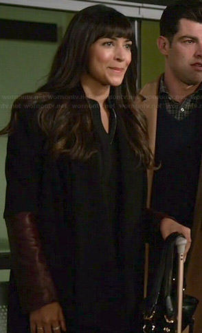 Cece's black coat with burgundy leather sleeves on New Girl