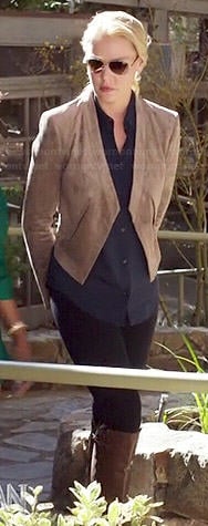 Charlie's taupe suede jacket and navy long sleeve blouse on State of Affairs