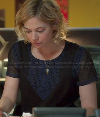 Dana’s black and blue embroidered dress on Manhattan Love Story