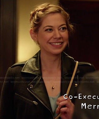 Dana's black moto jacket with leather collar on Manhattan Love Story