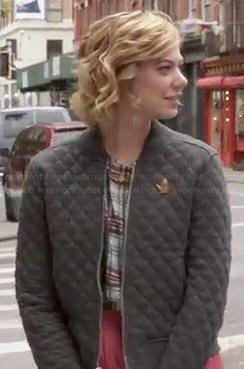 Dana's grey quilted bomber jacket on Manhattan Love Story