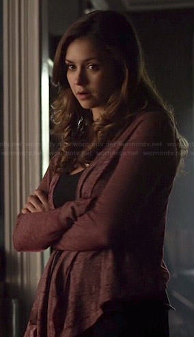 Elena’s pink draped front hooded cardigan on The Vampire Diaries