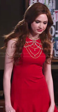 Eliza's red flared hem dress and body chain on Selfie