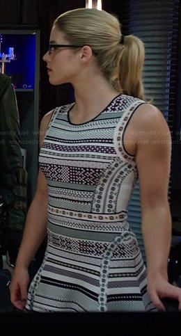Felicity's geometric patterned fit and flare dress on Arrow