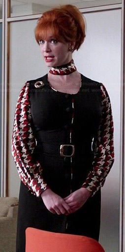 Joan’s black dress with houndstooth sleeves on Mad Men