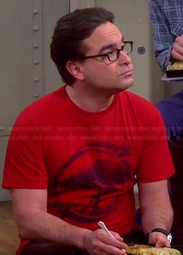 Leonard's red tree recycling graphic tee on The Big Bang Theory