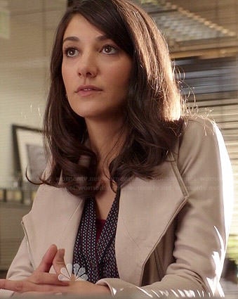 Maureen's printed blouse and cream leather jacket on State of Affairs