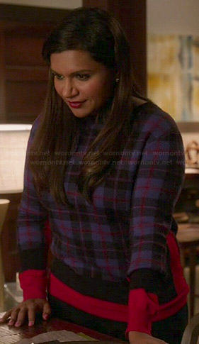 Mindy’s blue plaid sweater with red panels on The Mindy Project