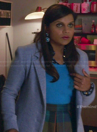 Mindy’s blue heart print shirt and plaid skirt on The Mindy Project