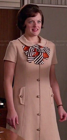 Peggy's beige button-front dress with striped bow on Mad Men