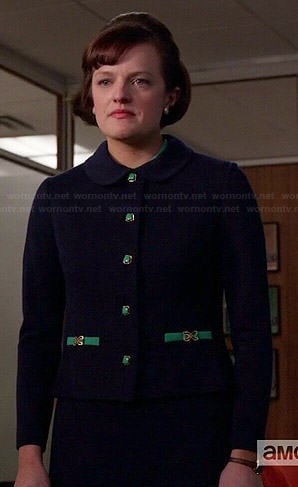 Peggy's navy skirt suit with green buttons on Mad Men