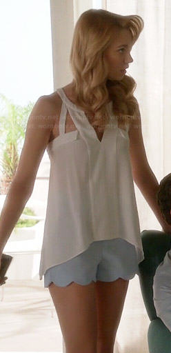 Petra’s blue scalloped shorts and white cutout top on Jane the Virgin