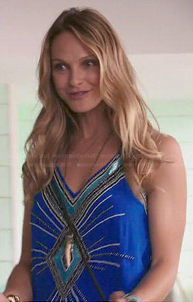 Phoebe’s blue embellished front slip dress on Girlfriends Guide to Divorce