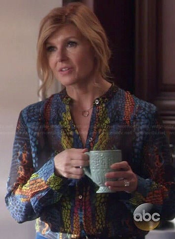 Rayna’s multicolored snake print blouse on Nashville