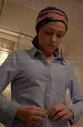 April's blue polka dotted button down shirt on Chasing Life