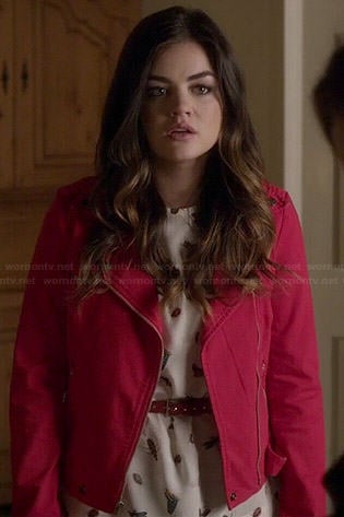 Aria’s white butterfly print top and red moto jacket on Pretty Little Liars