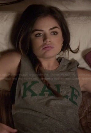 Aria's 'KALE' tank top and printed leggings on Pretty Little Liars