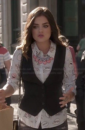 Aria's novelty balloon and speech bubble printed shirt and vest with printed back on Pretty Little Liars