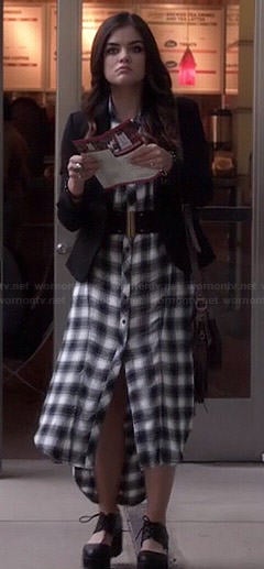 Aria’s long plaid shirtdress on Pretty Little Liars