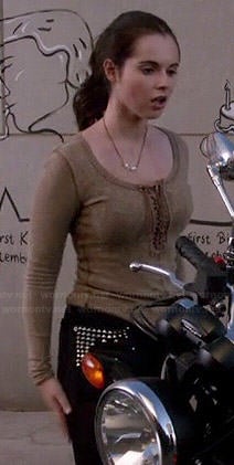 Bay's brown lace up top and black studded shorts on Switched at Birth