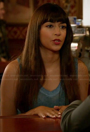 Cece’s blue v-neck tank top on New Girl