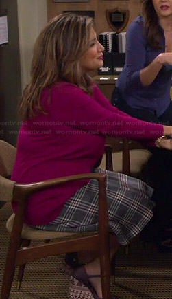 Cristela's plaid skirt and purple wedges on Cristela