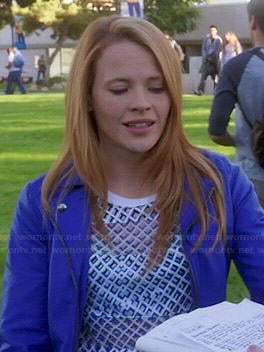 Daphne’s geometric printed top and blue leather jacket on Switched at Birth