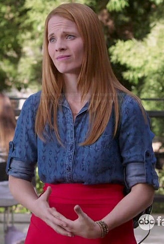 Daphne's printed denim shirt and red skater skirt on Switched at Birth