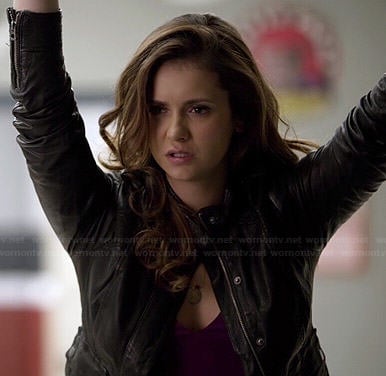 Elena's leather jacket with pockets on The Vampire Diaries