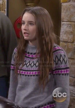 Eve's grey and pink fair isle sweater on Last Man Standing