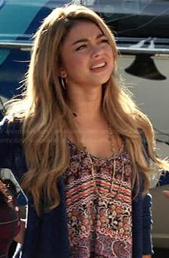Haley's printed cami and blue cardigan on Modern Family