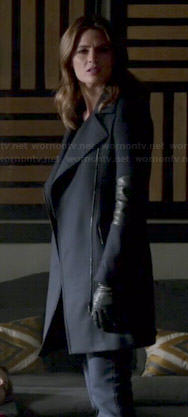 Kate's navy coat with leather sleeve panels on Castle