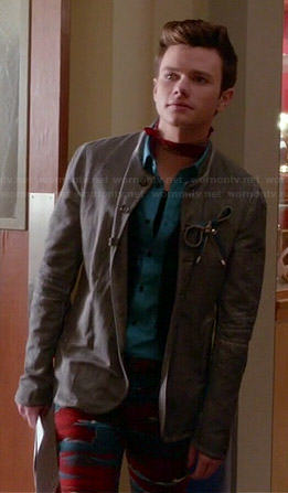 Kurt's grey suede military style jacket and blue and red printed jeans on Glee