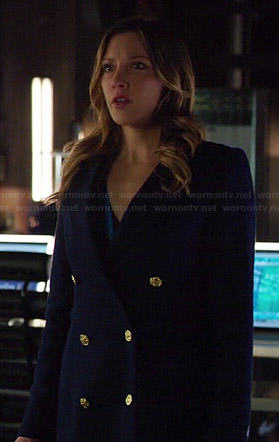 Laurel’s navy blue coat with gold buttons on Arrow