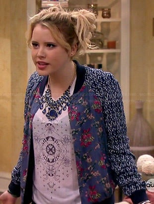 Lennox’s blue floral bomber jacket on Melissa and Joey