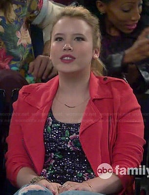 Lennox's floral sequin top and red moto jacket on Melissa and Joey