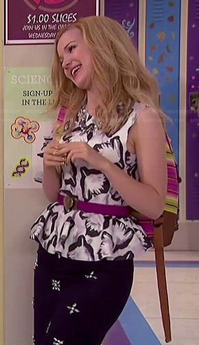 Liv's printed peplum top, jewelled skirt, mint mary jane wedges and striped backpack on Liv and Maddie