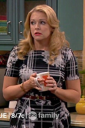 Mel's black checked and floral print dress on Melissa and Joey