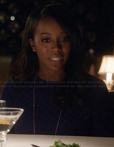 Michaela's blue quilted sweater on How to Get Away with Murder