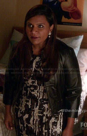 Mindy’s black, white and brown sequinned pattern dress on The Mindy Project