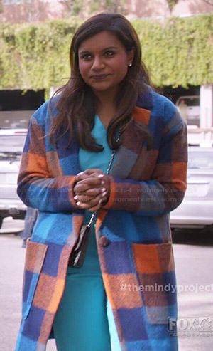 Mindy's blue and orange checked coat on The Mindy Project