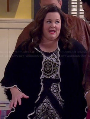 Molly's scarf printed maxi dress and black and white ruffle cardigan on Mike and Molly